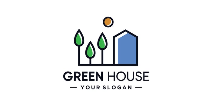 Green house logo design template with line art style and creative concept Premium Vector