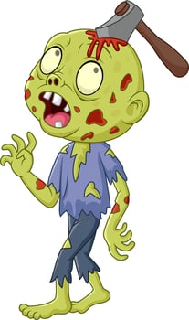 Cartoon zombie with axe in his head vector