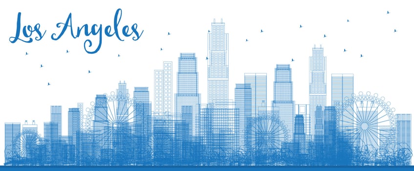 Outline Los Angeles Skyline with Blue Buildings. vector