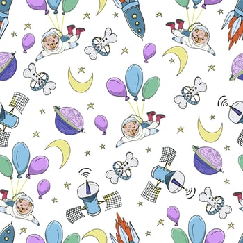 Nursery seamless pattern. Hand drawn cute little pugs astronauts in space. Puppies, stars, planets, spaceships, rockets. vector