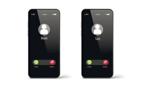 Incoming call on smartphone screen. Incoming calls from Mom and Son. Flat design vector illustration. Modern concept for web banners, websites. Call service. Vector illustration