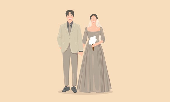 Brown nude dress wedding colour with handy bouquet in bride hand, a groom smile vector