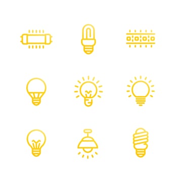 lighting, light bulbs, illumination line icons set, fluorescent, halogen lamps and led strip on white vector