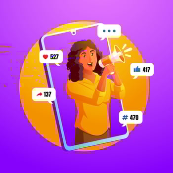 digital marketing social media concept with woman screaming with megaphone and social media logo vector