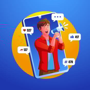 digital marketing social media concept with man screaming with megaphone and social media logo vector