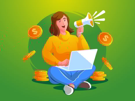 a woman holding megaphone loudspeaker with laptop making a lot of money vector