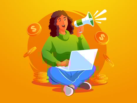 a woman holding megaphone loudspeaker with laptop making a lot of money vector