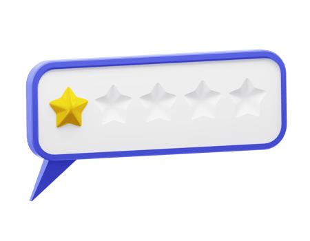 Speech bubble with glossy yellow stars. Review rating bubble. Customer reviews five stars rate 3d png