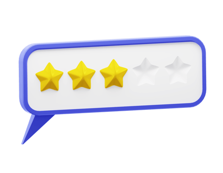 Speech bubble with glossy yellow stars. Review rating bubble. Customer reviews five stars rate 3d png