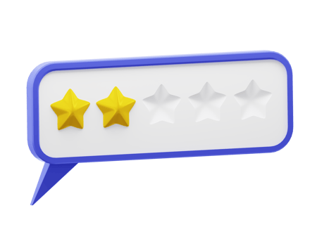 Speech bubble with glossy yellow stars. Review rating bubble. Customer reviews five stars rate 3d png