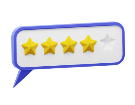 Speech bubble with glossy yellow stars. Review rating bubble. Customer reviews five stars rate 3d png