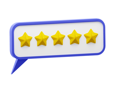 Speech bubble with glossy yellow stars. Review rating bubble. Customer reviews five stars rate 3d png