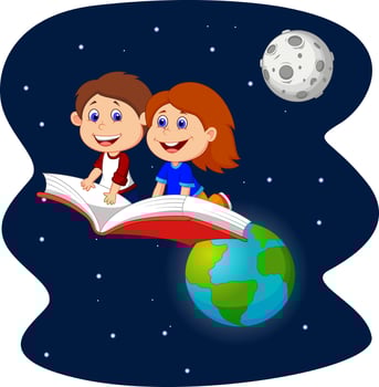 Boy and girl flying on a book vector