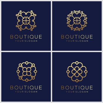 set of ornament logo design templates in trendy linear style with flowers and leaves - signs made with golden foil vector