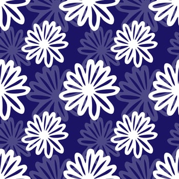Seamless floral pattern. Simple outline vector illustration. Graphic fabric print template. Doodle vintage background. Scrapbook or wrapping paper. White camomile flowers on blue background.