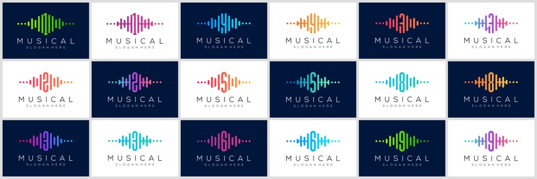 set of symbol pulse  from numbers 1 to 9 logo design. Audio wave logo concept. Electronic music template logo, sound, equalizer, shop, DJ music, nightclub, disco. vector