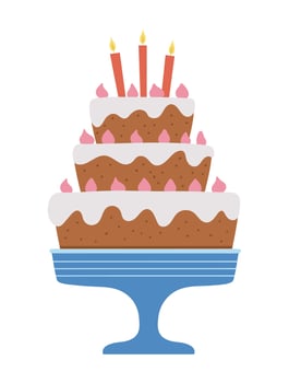 Vector birthday cake with candles. Cute funny b-day dessert illustration for card, poster, print design. Bright holiday concept for kids isolated on white background.
