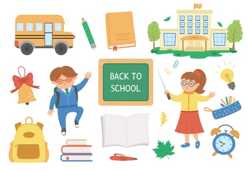 Back to school vector set of elements. Big educational clipart collection with teacher and schoolboy. Cute flat style classroom objects with supplies, school building, bus, books, stationery, pupil.