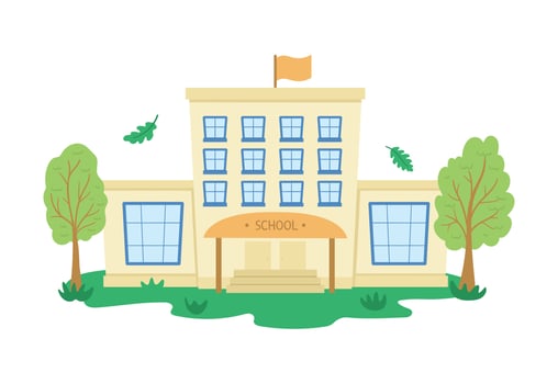 Vector school building with trees isolated on white background. Back to school flat illustration. Cute educational concept