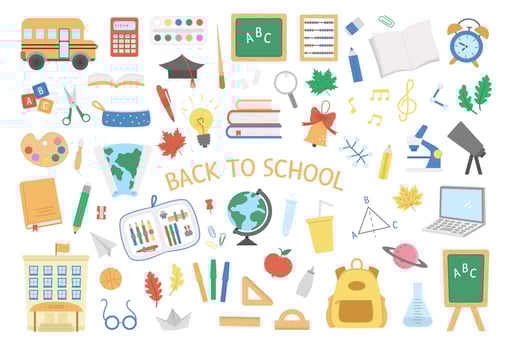 Back to school vector set of elements. Big educational clipart collection. Cute flat style classroom objects with supplies, school building, bus, subject icons, books, stationery.