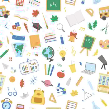 Back to school vector seamless pattern. Educational digital paper. Cute flat style classroom objects repeating background with supplies, school building, bus, subject icons, books, stationery.