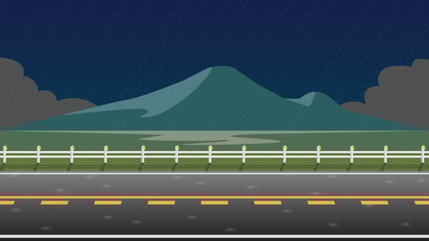 Horizontal view of empty asphalt road rainy season.  Background of roadside wall and green grass and island on the sea. Under the dark sky and black clouds. vector