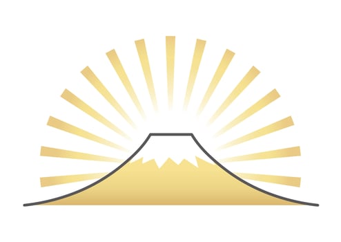 New Years Auspicious Greeting Symbol With Mount Fuji And Sunbeams. vector