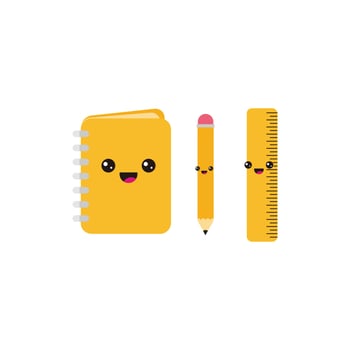 a set of cute and modern books, pencils, rulers, school icons vector