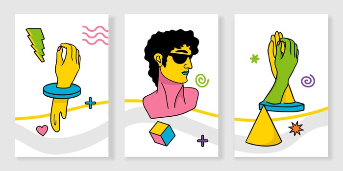Greek trippy sculpture. Cartoon vector posters and banners in psychedelic trip style.