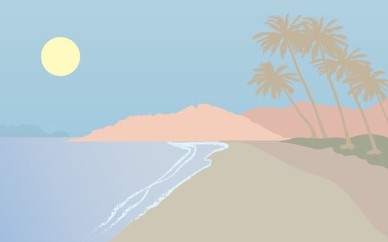 Vector illustration of sea, sand beach and mountains, pastel tones.