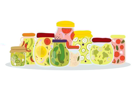 Homemade jar for canning vegetables. Glass jars with pickled vegetables. Winter deliveries. Autumn harvest season. vector