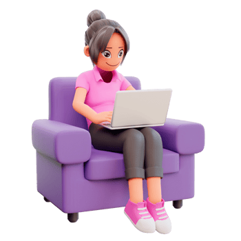 3d render cute girl sit crossed legs hold laptop studying at home png