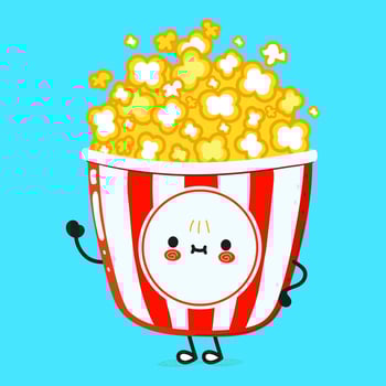 Cute funny popcorn waving hand character. Vector hand drawn cartoon kawaii character illustration icon. Isolated on blue background. Popcorn character concept