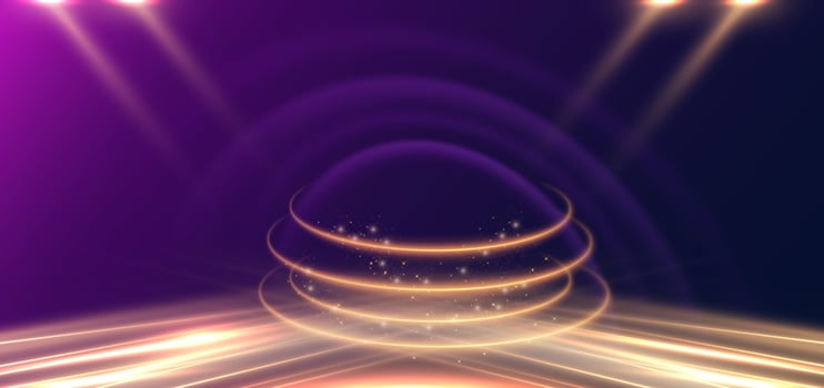 Abstract luxury golden lines curved overlapping on dark blue and purple background with lighting effect spakle. Template premium award ceremony design. vector