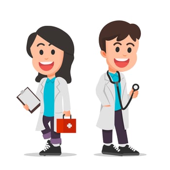 Cute little kids wearing doctor uniforms with attributes vector