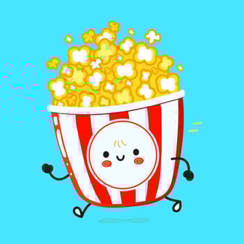 Cute funny running popcorn. Vector hand drawn cartoon kawaii character illustration icon. Isolated on blue background. Run popcorn concept