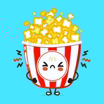 Cute angry popcorn character. Vector hand drawn cartoon kawaii character illustration icon. Isolated on blue background. Sad popcorn character concept