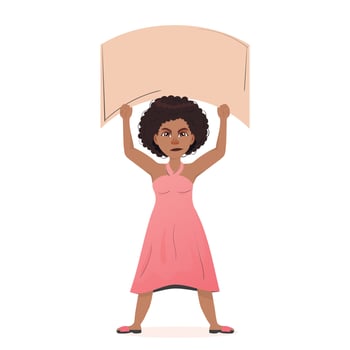 young afro-american leader holding blank placard for text in protest. Illustration of a female activist in a pink dress vector