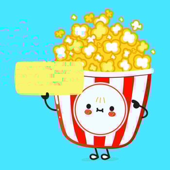 Cute funny popcorn poster character. Vector hand drawn cartoon kawaii character illustration. Isolated blue background. Popcorn poster