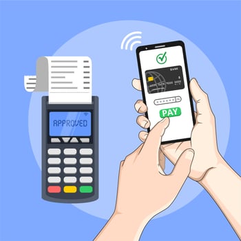 Mobile payments with smartphone. Near field communication payment terminal concept. Online transactions, paypass and NFC. Cartoon flat style illustration. vector