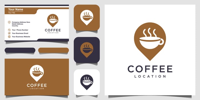 Coffee cup icon on the map pin. The coffee cup pin addresses the location for a coffee gathering. logo and business card design vector