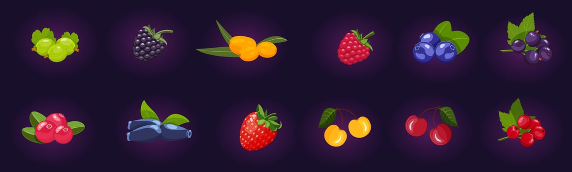 Fruit glowing for slot on dark blue background. Set of bright game elements in form of berries. vector