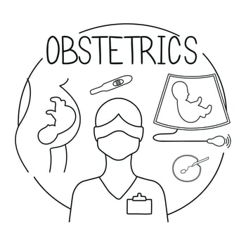 Obstetrics icons set. Ultrasound, artificial fertilization, pregnancy, fetus, embryo in woman's belly, pregnancy test. vector