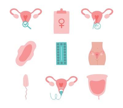 Gynecology icons set. Ultrasound, check up, artificial fertilization, gynecological surgery, birth control pills, menstruation menstrual cup, tampon, pad, intrauterine device. vector