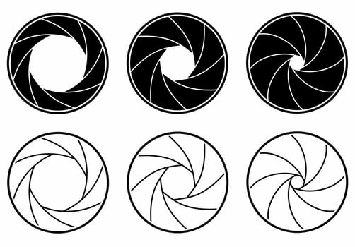 Set of camera shutter aperture iconsisolated on white background.Flat Vector Icon. Mirror Reflection Shadow