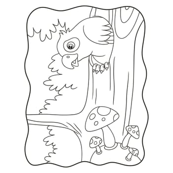 cartoon illustration the parrot that was inside his house that was inside the tree trunk and peeked out to see the food book or page for kids black and white vector