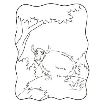 cartoon illustration a goat is walking in the middle of the meadow under a tree looking for food book or page for kids black and white vector