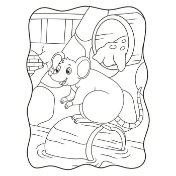 cartoon illustration rat is standing on a piece of log that drifted in the ditch book or page for kids black and white vector