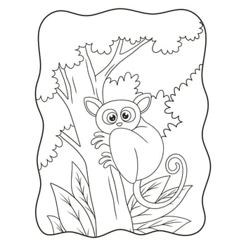 cartoon illustration tarsier climbing a tall and big tree to relax on it book or page for kids black and white vector