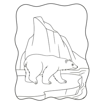 cartoon illustration Polar bear walking on ice cubes in the middle of the sea looking for fish for food book or page for kids black and white vector